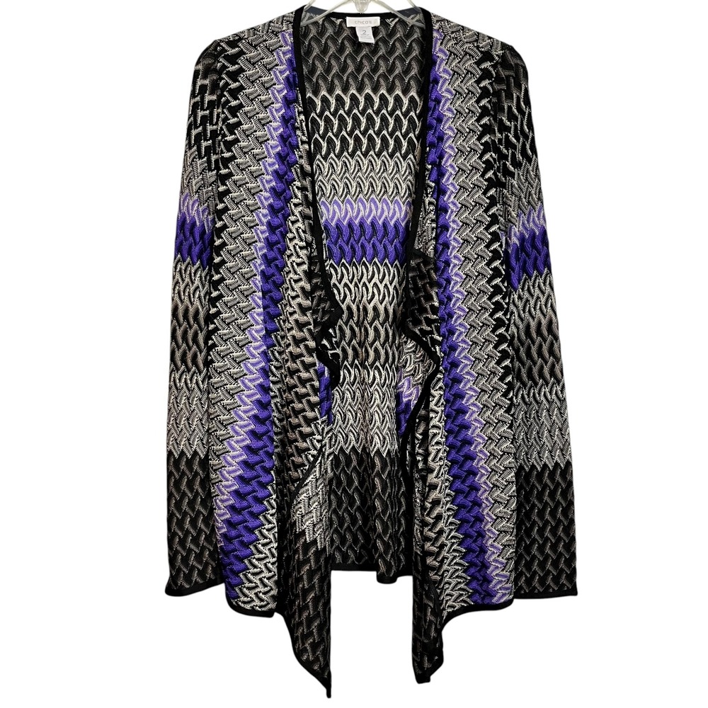 Chico's Open Front Cardigan Size 2 Med Purple Gray Black Knit Draped Lightweight